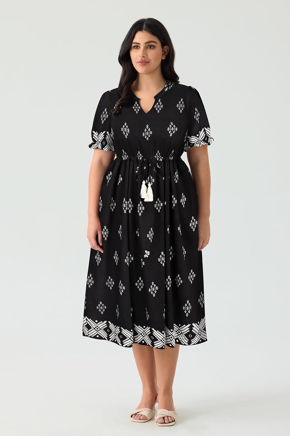 RITERA Plus Size Midi Dress for Women Casual V NeckShort Sleeve Ruffle Flowy Boho Drawstring Tassel Waist XL-5XL - Image 2