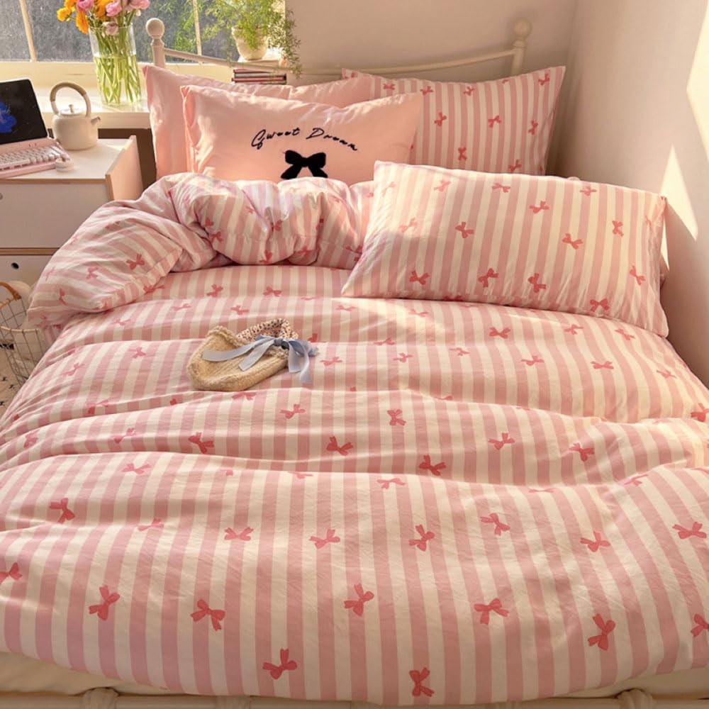 Nyescasa Pink and White Striped Duvet Cover Sets Single Pink Bow Microfiber Bedding Set Cute Bows Bowknot Aesthetic Teen Girls Women Quilt Cover 135x200 with Zipper Closure and 1 Pillowcase 50x75 cm — image 1