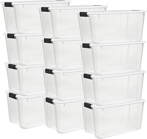 Sterilite - Caja de almacenamiento de 70 cuartos de galón con tapa blanca y base transparente, paquete de 12