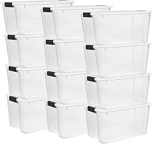Sterilite 12-Pack Ultra Latching Box, Storage Bins with Lids, Clear Plastic, 70 Quart - Heavy-Duty Organizing Containers for Closet, Bathroom, and Office
