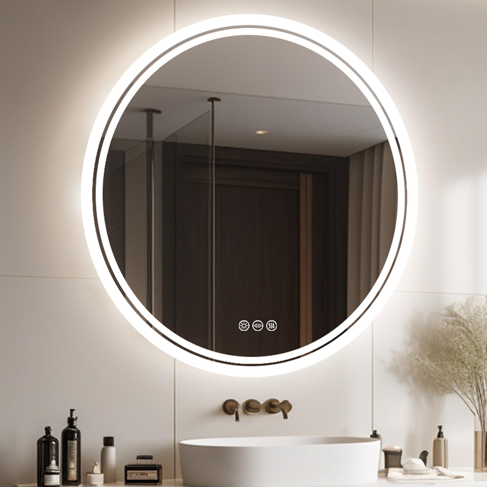 LUVODI Espejo Baño con Luz Espejo Redondo Pared 80cm Espejos de baño Redondos Antivaho con Luz Retroiluminado con Interruptor Táctil 3 Colores de Luz Ajustable para Baño Tocador Vestidor Hotel (60cm)