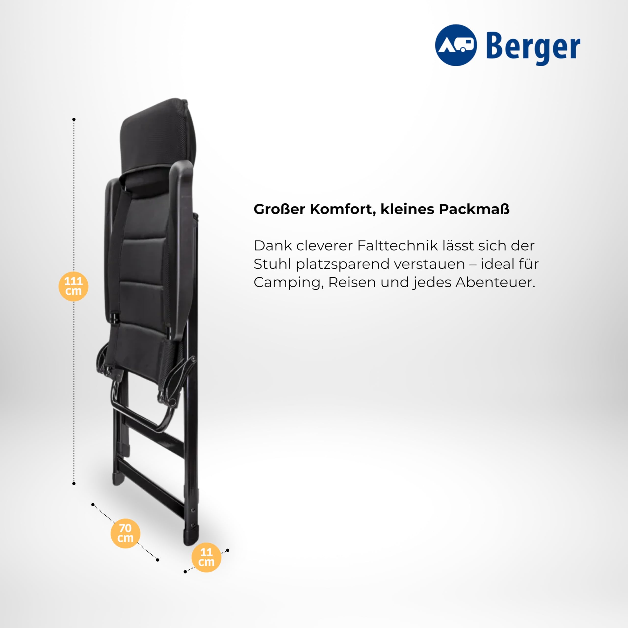 BERGER Tesino XL Campingstuhl klappbar 7-Fach verstellbar gepolstert Faltbarer Outdoor-Stuhl 3D-Mesh bis 200 kg