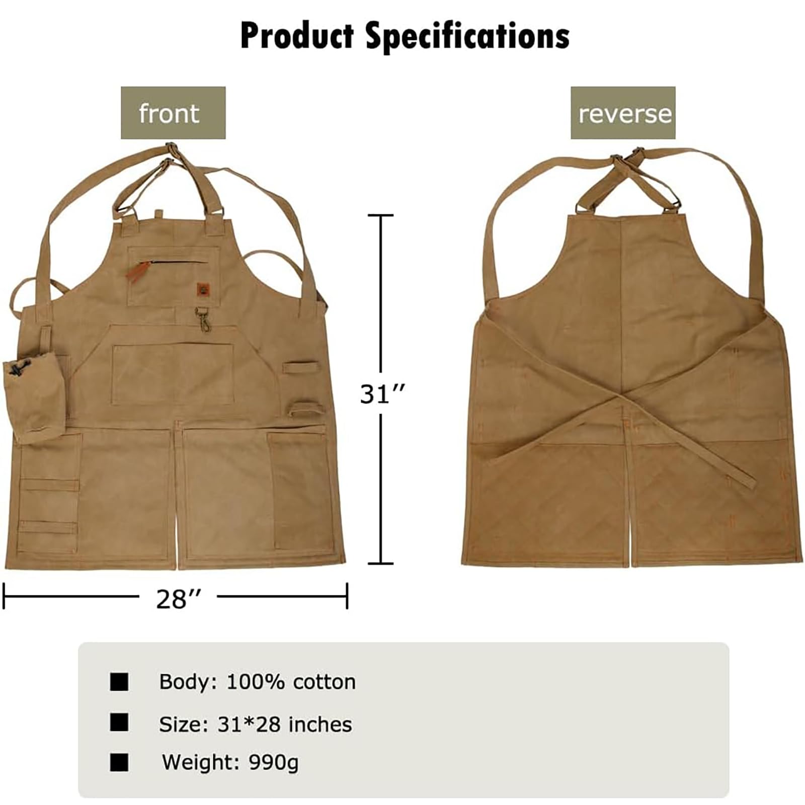 Męski Fartuch Stolarski Fartuch Z Płótna Bawełnianego 31"L X 28"W Regulowany Fartuch Narzędziowy Z Kieszeniami Green,One Size