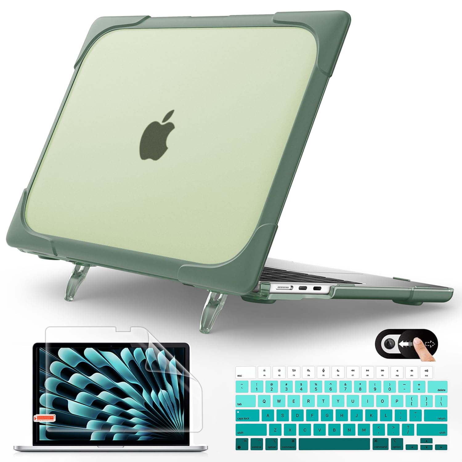 Mektron 2023 Heavy Duty Case for MacBook Air 15 inch with M2 A2941,15.3” Shockproof Protective Hard Shell Cover with Fold Kickstand with Keyboard Skin,Screen Protector,Camera Cover,Midnight Green
