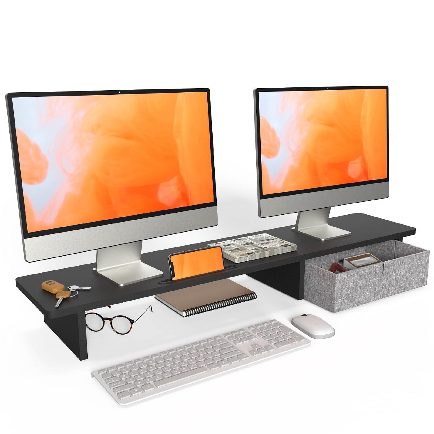 Photo 1 of Large Monitor Stand 43.3 inch Dual Monitor Stand Riser with Drawer and Phone Holder, Wood Desk Organizer Stand for PC Computer Laptop Printer TV Screens, Whole Piece Board, Black