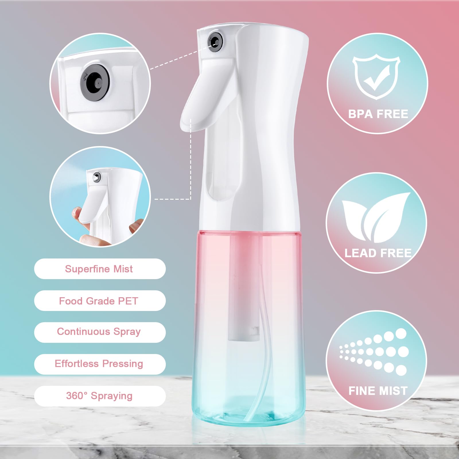 LOPHE Vaporizador Agua Peluqueria - 2pcs Bote Spray Pulverizador Reutilizable 200ml, para Limpieza y Peinado, Botella Transparente Rosa-Verde Degradado — view 3