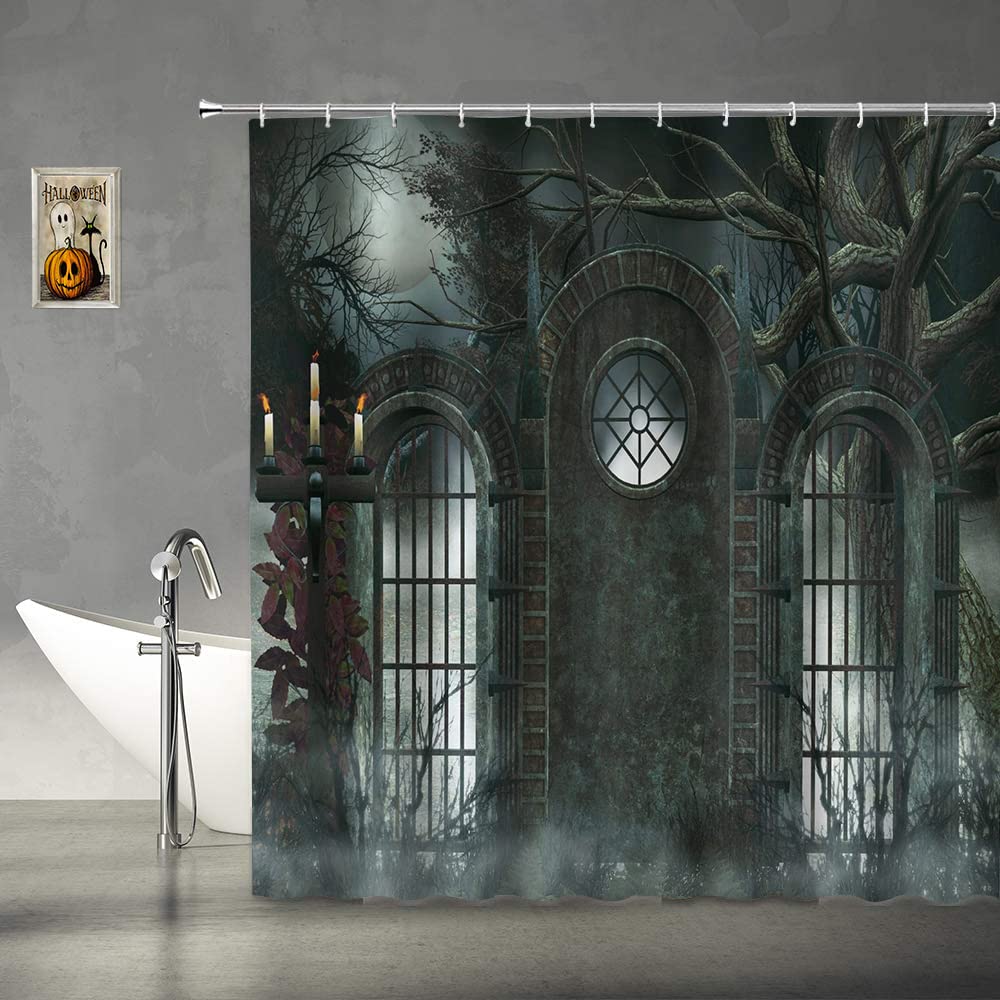 Abaysto 52 Horror House Shower Curtain, Moon Halloween Historical Gate Background Candles Fiction Bathroom Shower Curtains Fabric Waterproof With Hooks