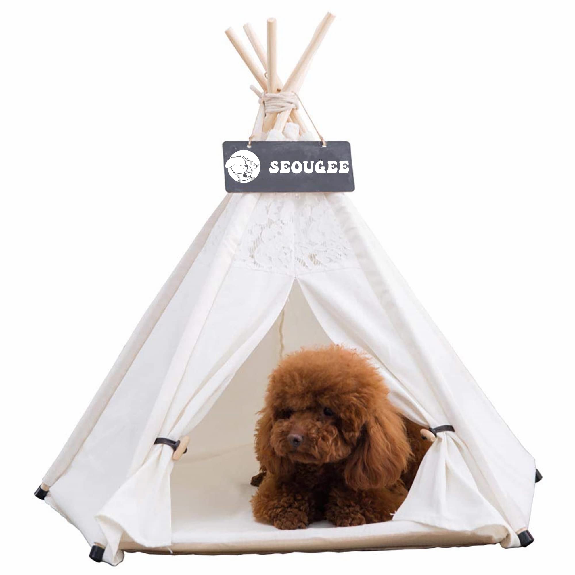 SEOUGEE Tienda de campaña para perros y gatos, lavable y extraíble, lona de algodón, cama para perros y gatos, con cojín, interior y exterior, caseta para mascotas y casa de juegos, portátil y