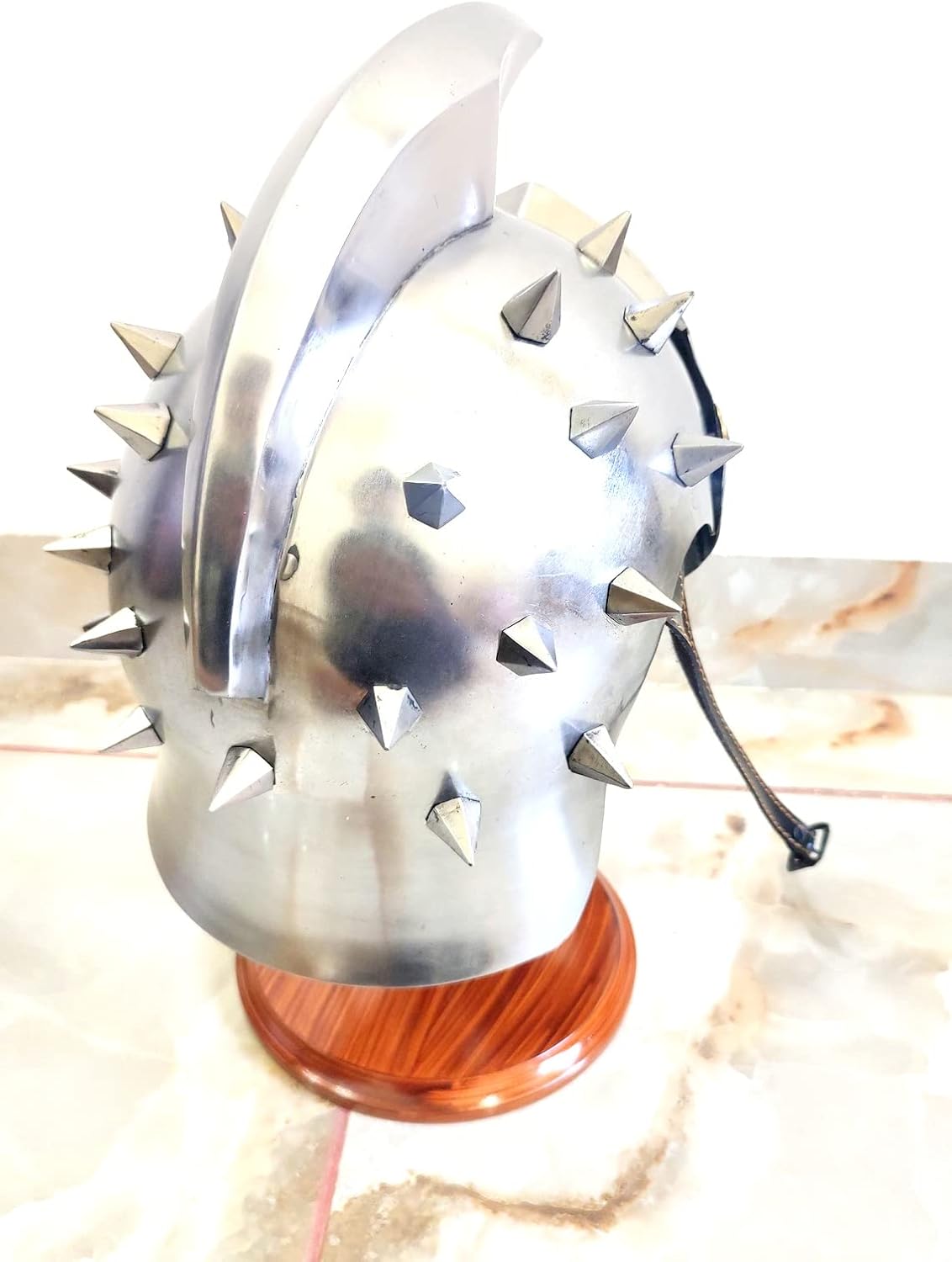 Medieval Gladiator Helmet, Silver Metal Spiked Design with Mohawk Crest, Decorative Display Stand, Handcrafted Battle Armor Replica