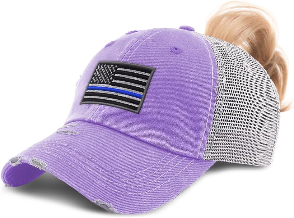 Speedy Pros Ponytail Cap Women's Baseball Cap Embroidered American Flag Thin Blue Line Embroidery Cotton