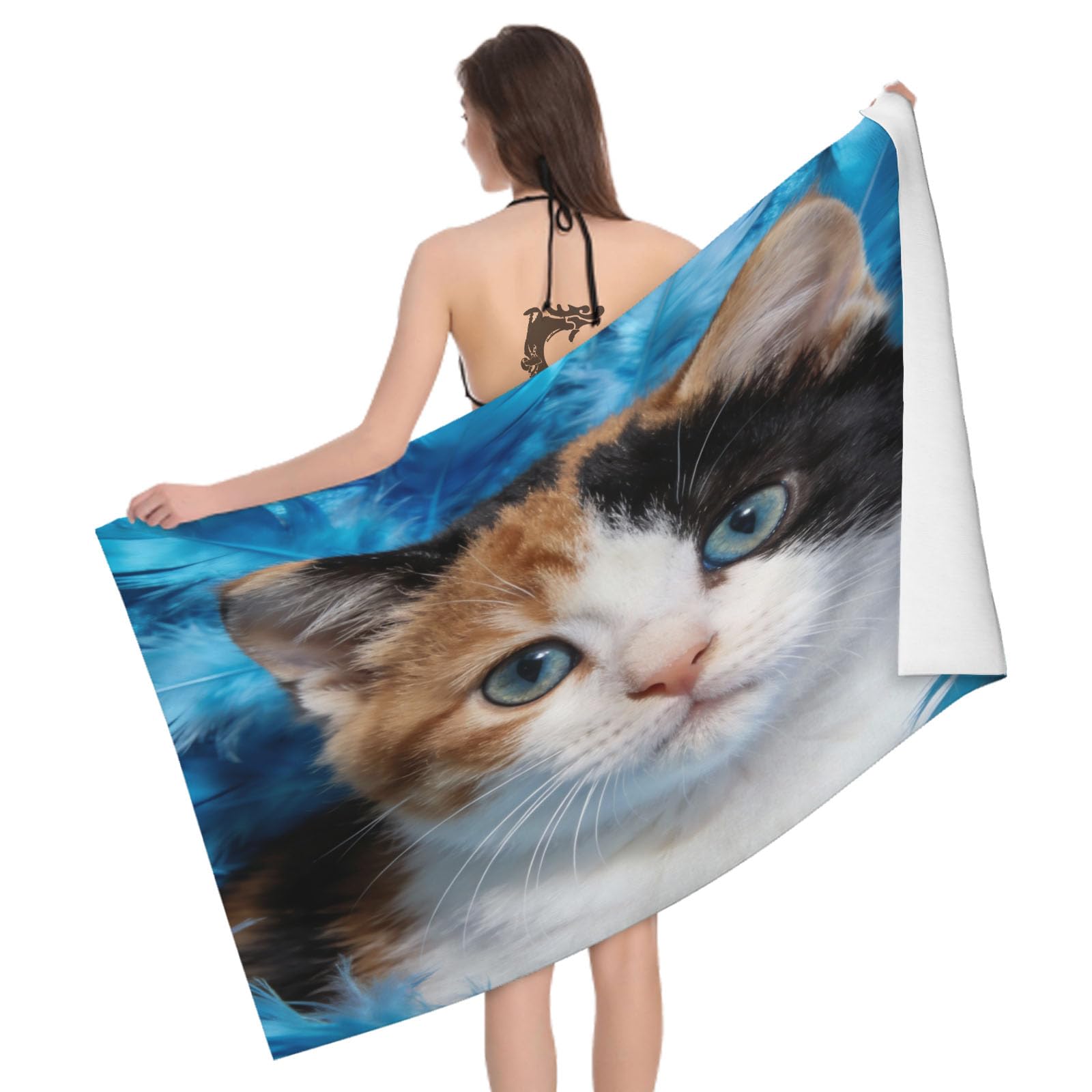 Leichong 3D Cute Cat Beach Towel Microfiber Soft Quick Dry for Adults, Kawaii Pet Bath Towel Lightweight Soft Absorbent for Travel Swimming Pool Sports, 75 x 150 cm