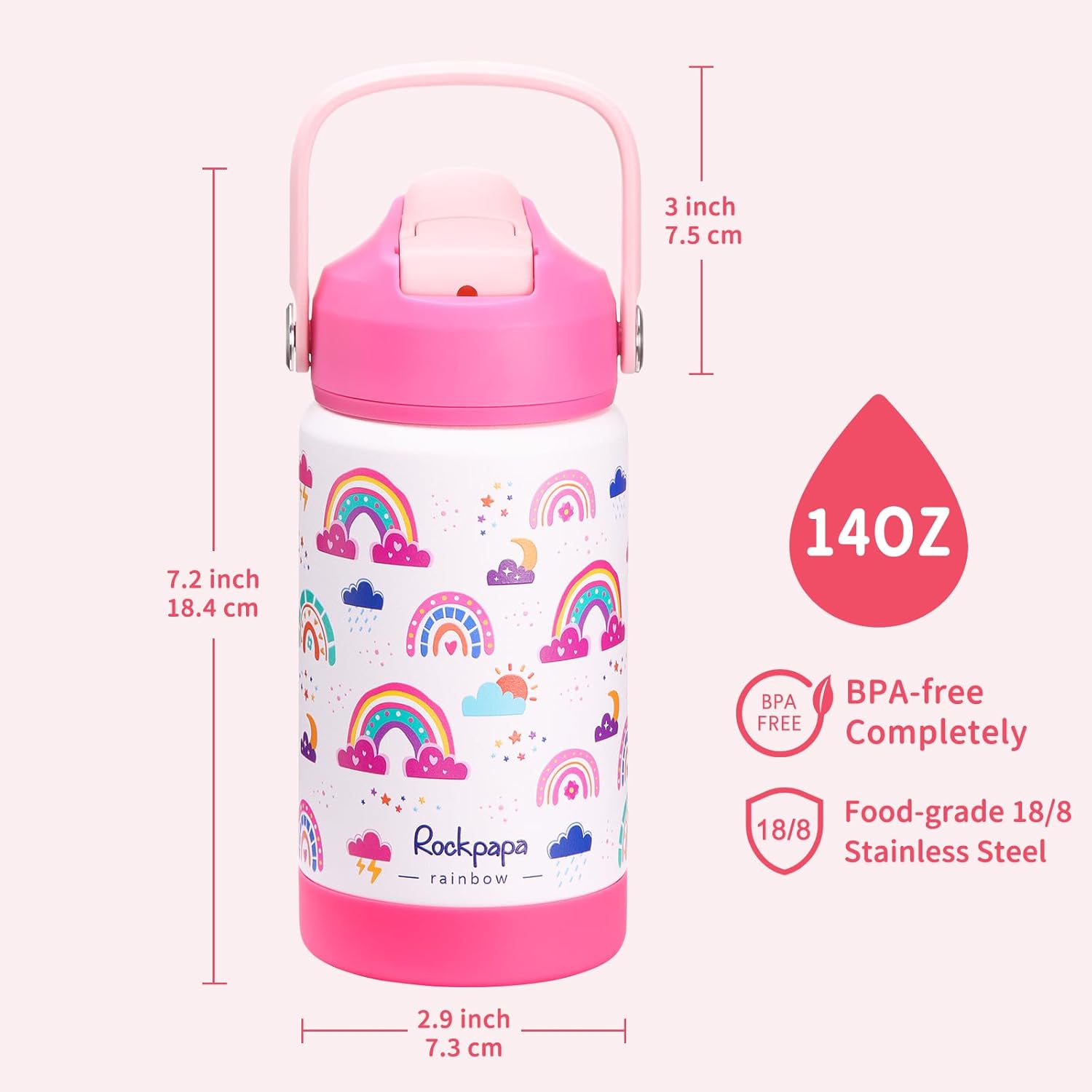 rockpapa 14 oz Kids Insulated Water Bottle,Stainless Steel Toddler Cups with Straws, BPA Free, Leak-Proof, Kids Water Bottle for School Boys& Girls (White Rainbow) - Image 4