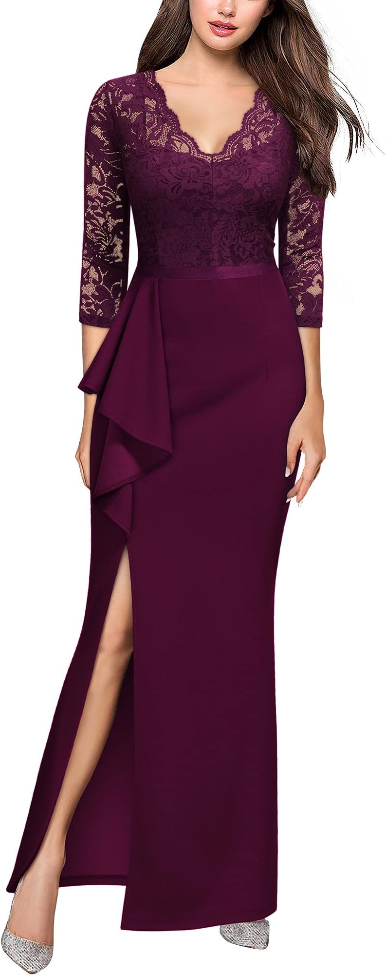 Women's Vintage Floral Lace Ruffle Half Sleeve Evening Party Formal Long Dress