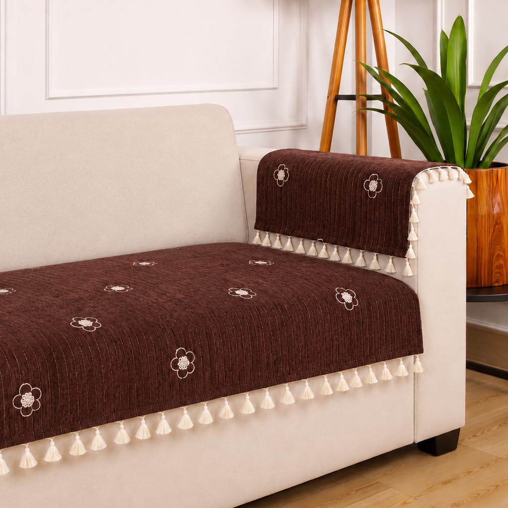 STITCHNEST 'Artisoul Series' Chenille Sofa Cover 1 Seater with 2 Hand Rest Covers | Premium Heavy Fabric, Washable & Fade Resistant | Flower Brown Sofa Protector with Tassels | Size 24x30 Inch