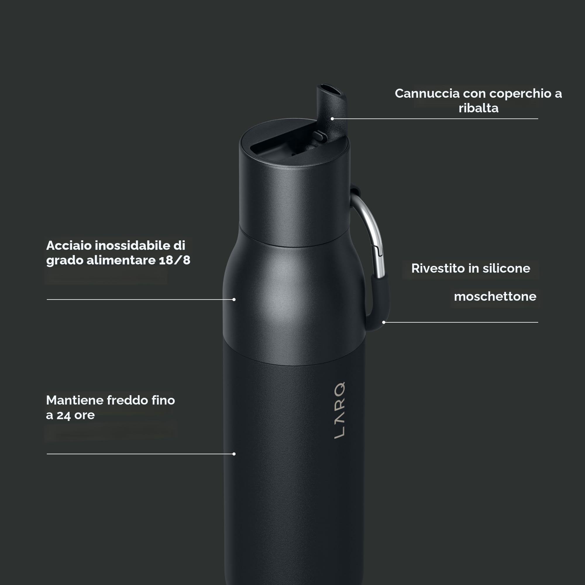 LARQ Flip Top 740ml – Borraccia termica in acciaio inox con doppio isolamento, Cannuccia con tappo ribaltabile, Moschettone rivestito in silicone, Senza BPA, Obsidian Black