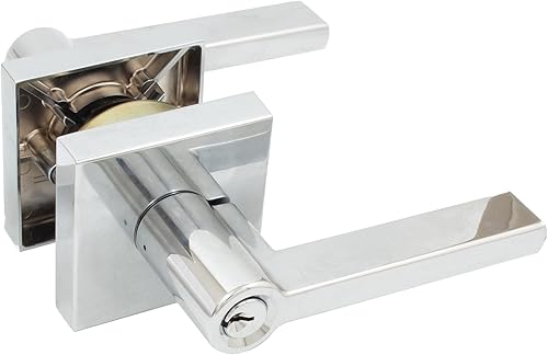 Miniatura 3 de Stone Harbor Hardware Vienna - Manija de puerta con roseta cuadrada, pestillo de entrada, llave SC, cromo pulido