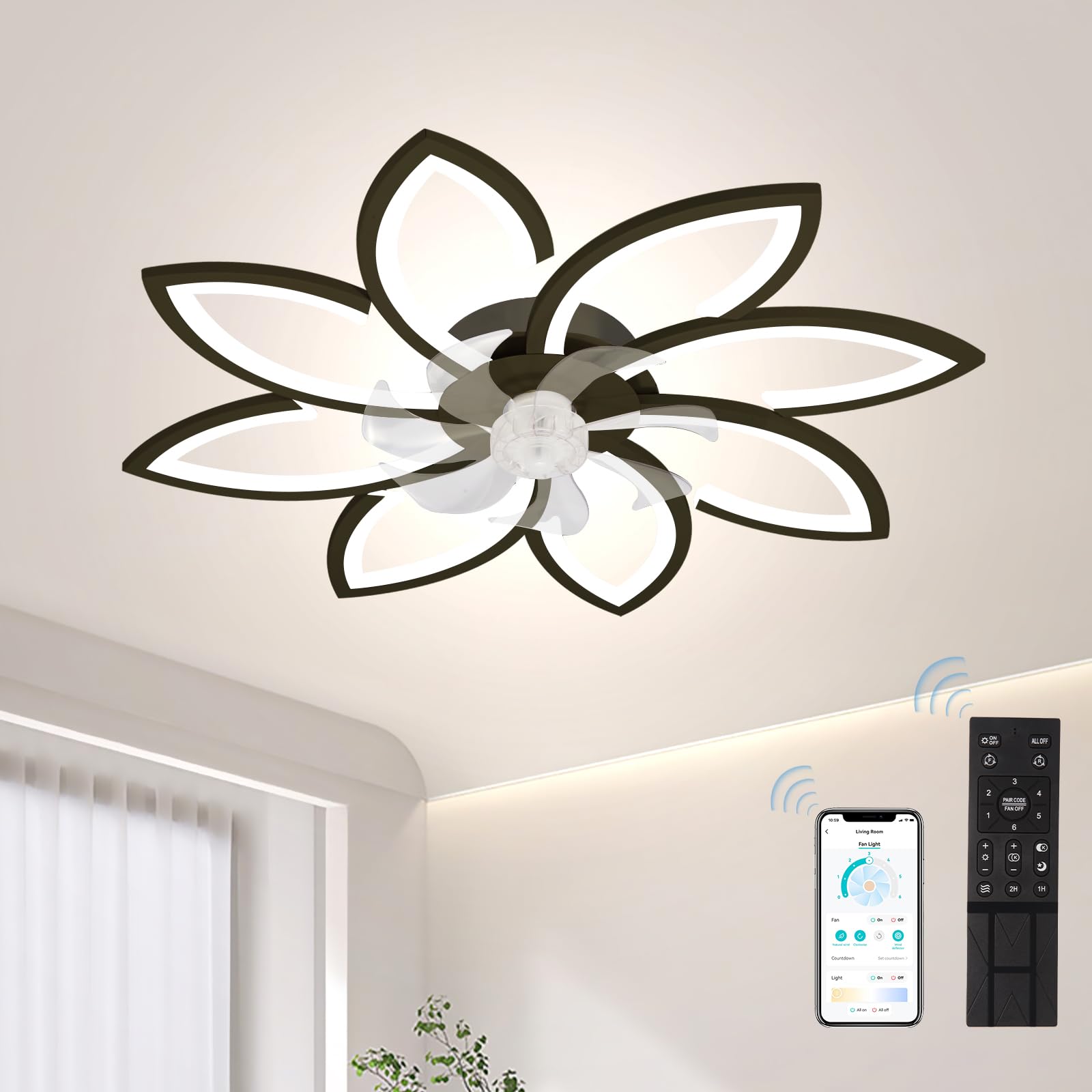 Low Profile Ceiling Fans with Lights and Remote, Decorative Flower Ceiling Fan with 34" Light, Adjustable Fan Speed, Light Brightness, Color Temperature, for Bedroom, Living Room(Black)