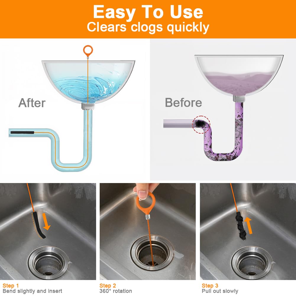 HOTUT 32 Inch Metal Sink Snake,5 Pack Steel Snake Drain Hair Removal Tool,Hair Sink Drain Clog Remover,Plug Hole Cleaning Brush for Bathroom Sink Tub,Shower,Plumbing Drain(Orange) - Image 4