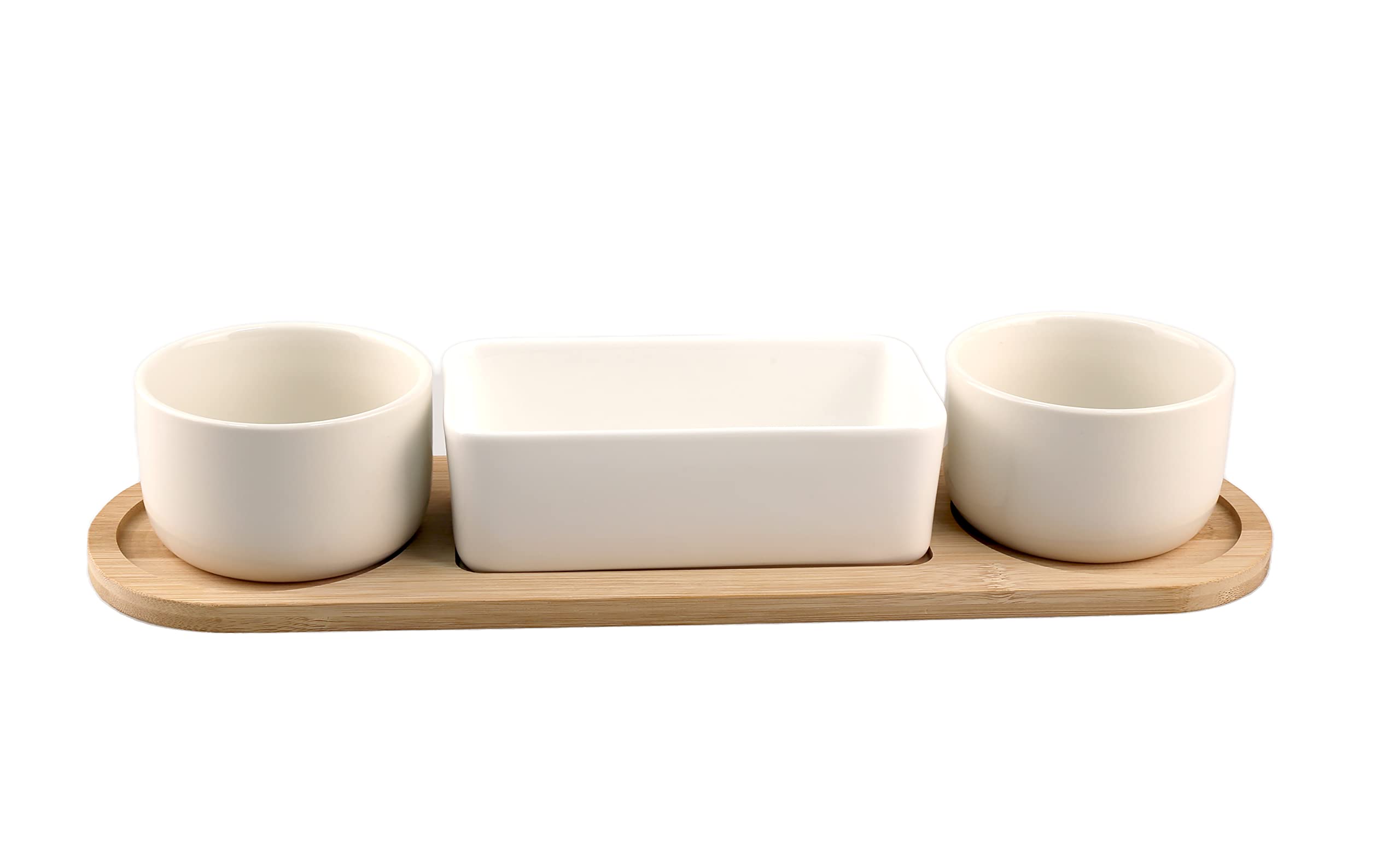 Anilar 3-Piece Appetizer Serving Set, 2 Ceramic Bowls, 1 Ceramic Dish, Bamboo Tray, White/Off-White