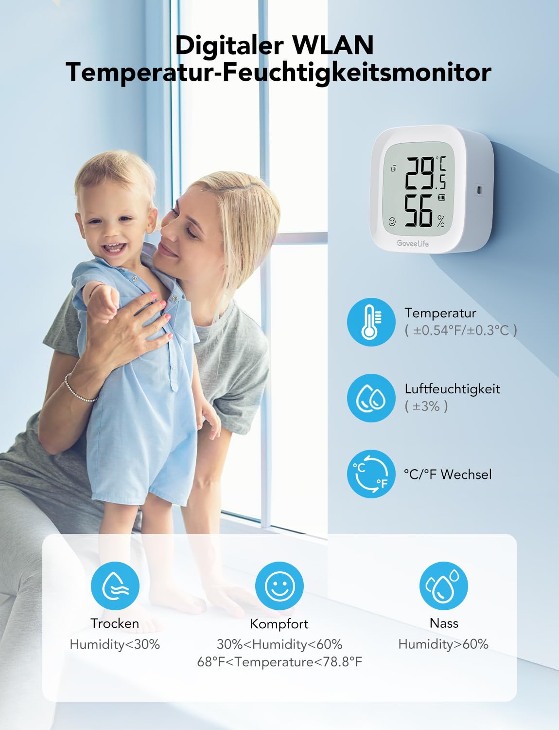 GoveeLife Hygromètre Wi-Fi Thermomètre numérique Température Humidité Intérieur Contrôle à distance Notification Application Stockage Données