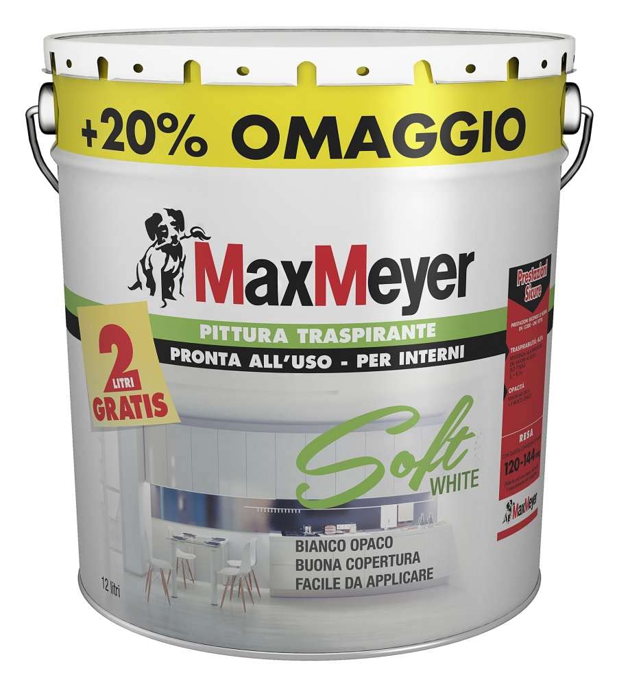 Max Meyer Pittura Bianca per interni Soft White 10 Litri + 2 in Omaggio - PRONTA ALL'USO.