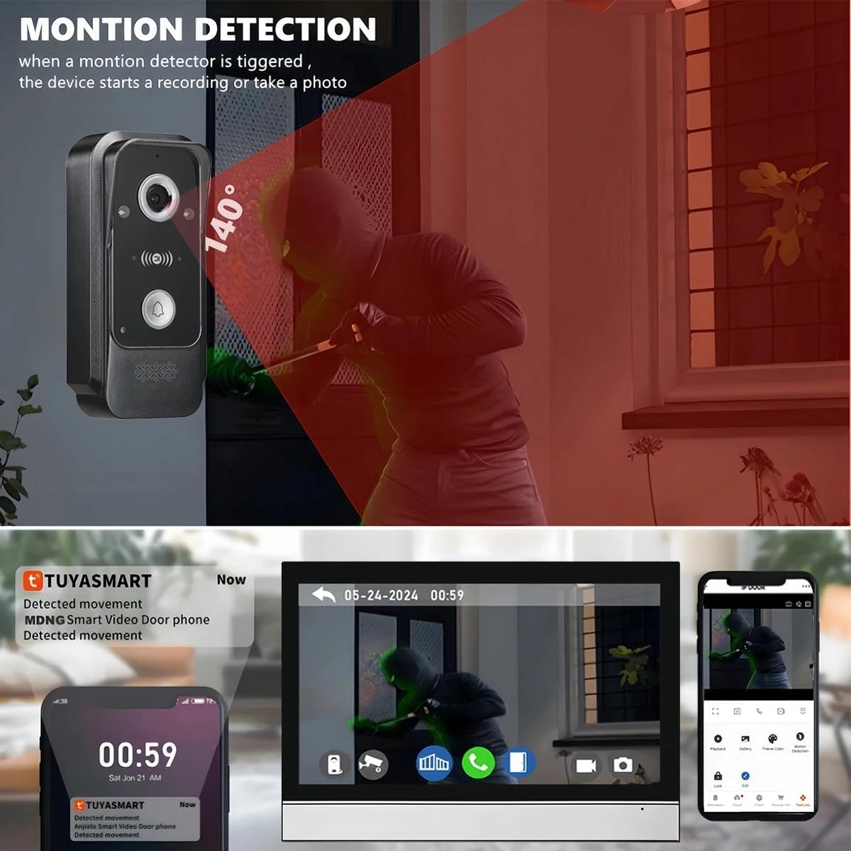 Timbre Inalámbrico con Cámara,Videoportero 4 Hilos,Detección Humana PIR,Audio Bidireccional,Timbre Casa,Visión Nocturna,Cámara Exterior Impermeable de 1080p,Desbloquear (1 timbre + 1 monitor)