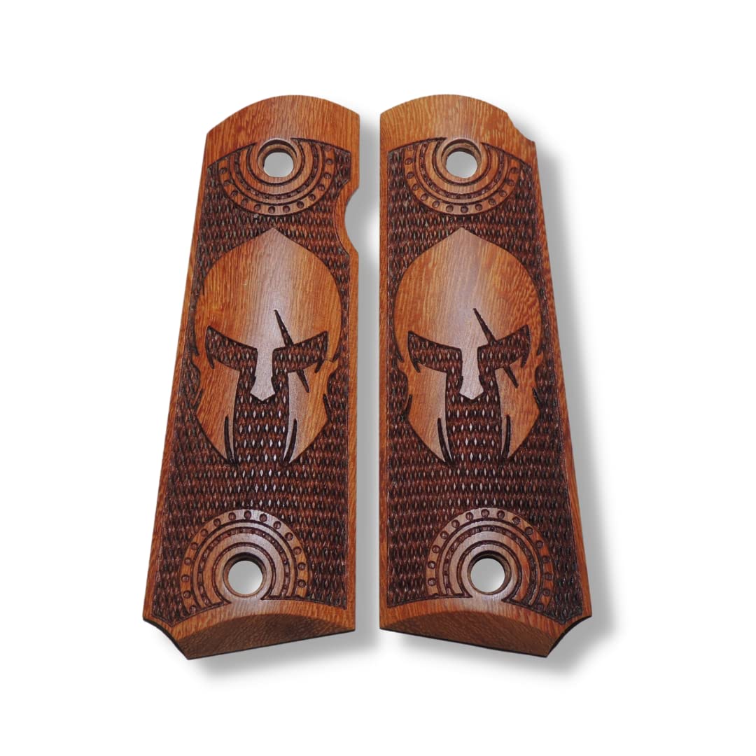 1911 Custom Grips Spartan Engraved on Brown Wood Laser Design, Fits Standard, Government & Commander Model, Gold, Black