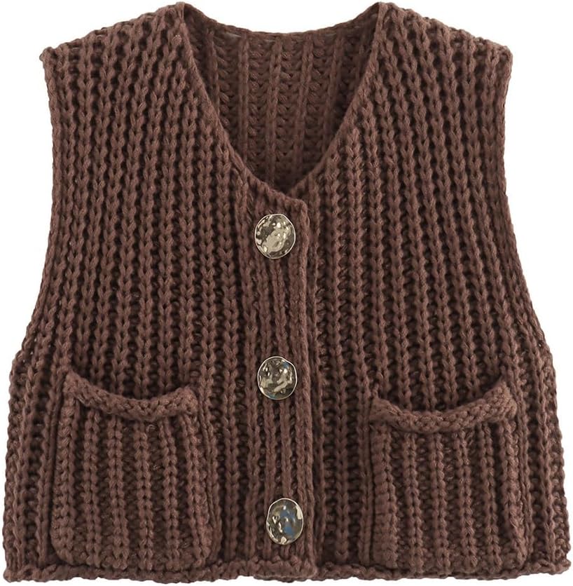 Women Button Down Oversized Cropped Knitted Sweater Vest Sleeveless Casual Open Front Chunky Knit Top with Pocket