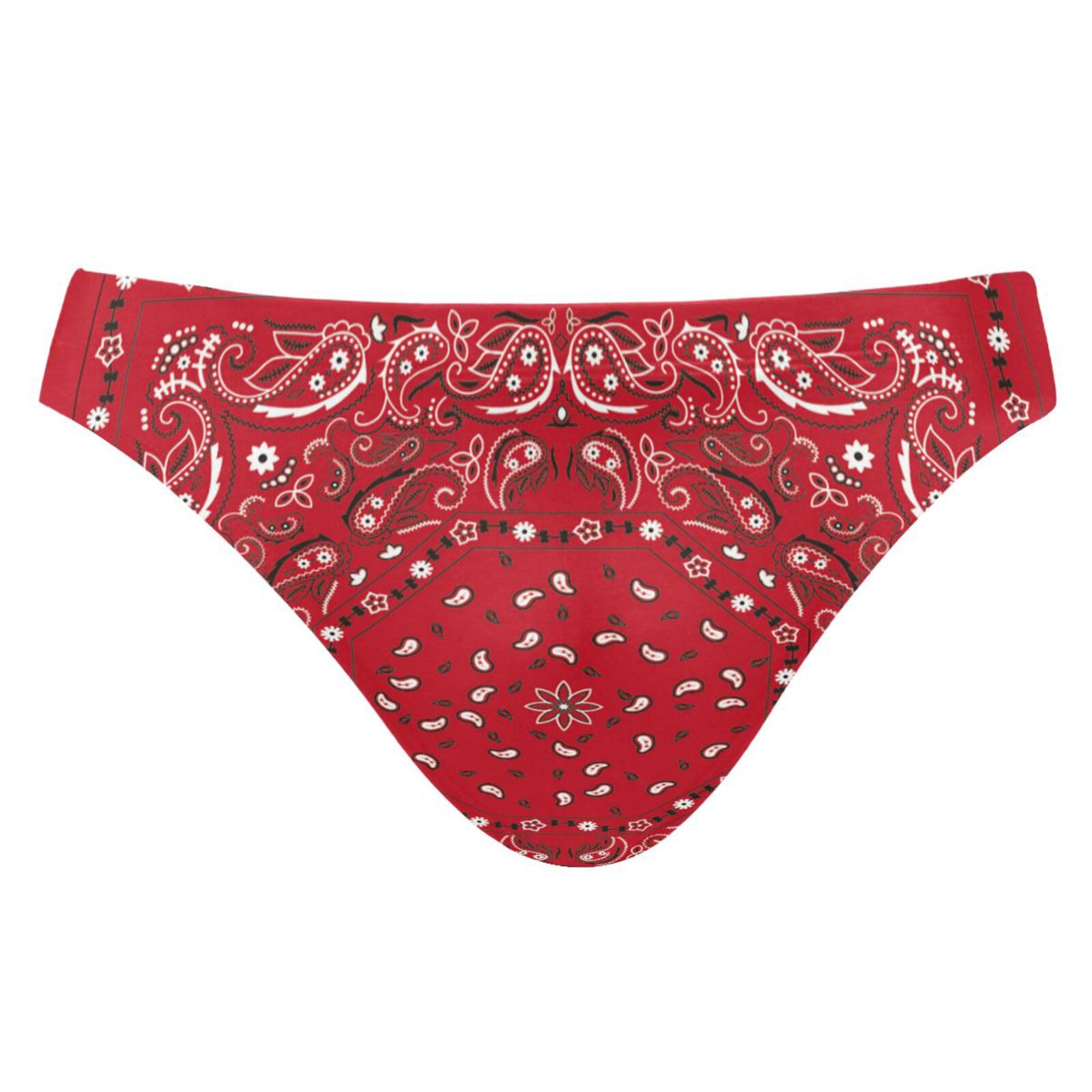 Red Bandana Print Traditional Asian Elements Paisley Floral Flowers Men's Boxer Brief, Sexy Swim Underwear Board Shorts Swimwear Hot Body Bikini Trunks Thong Swimsuit Bathing Suit for Sports(S)
