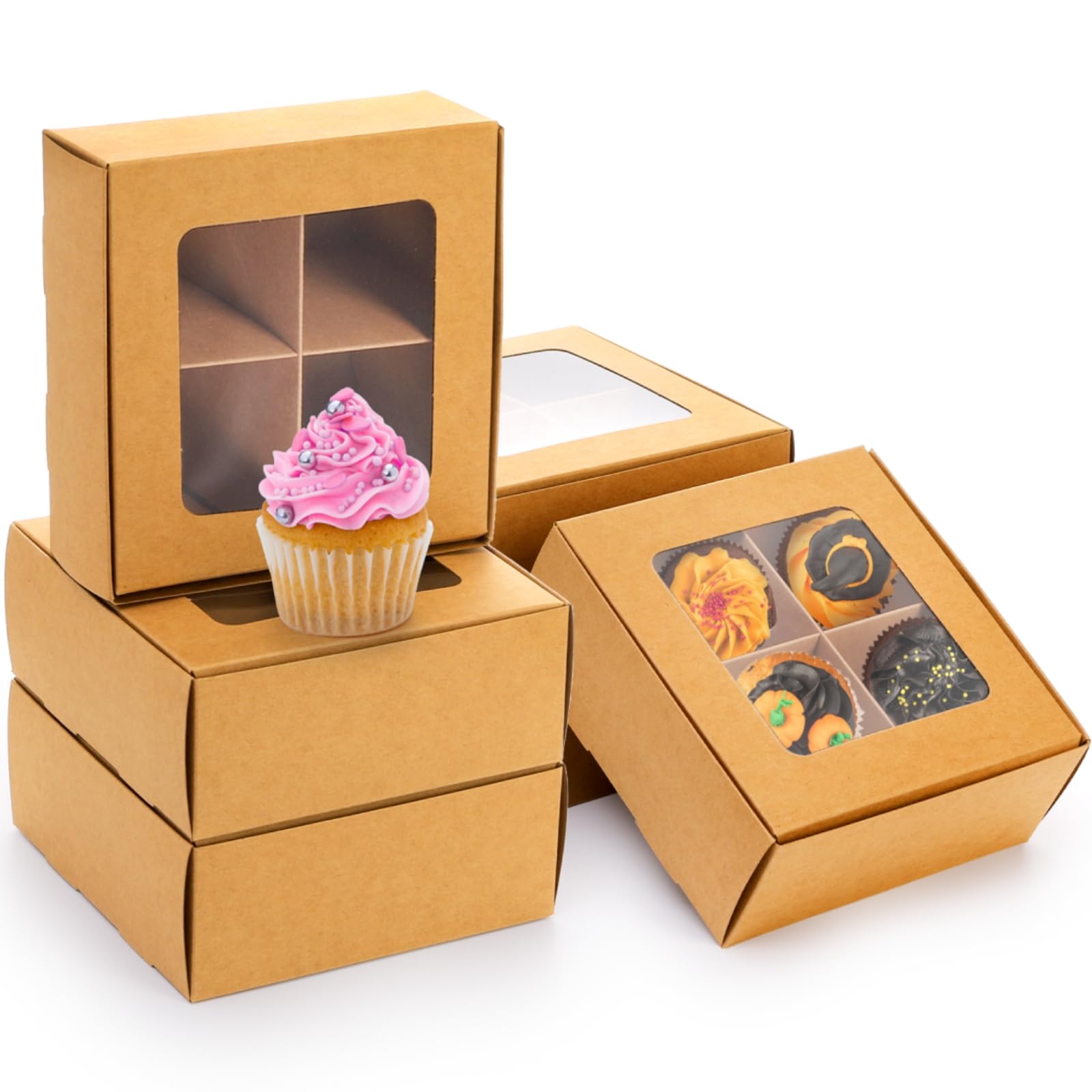 Eorbow Confezione da 40 scatole da forno marroni con finestra e divisori, mini scatole da pasticceria da 15 x 15 cm con 4 scomparti, scatole regalo in carta kraft con inserti, contenitori per