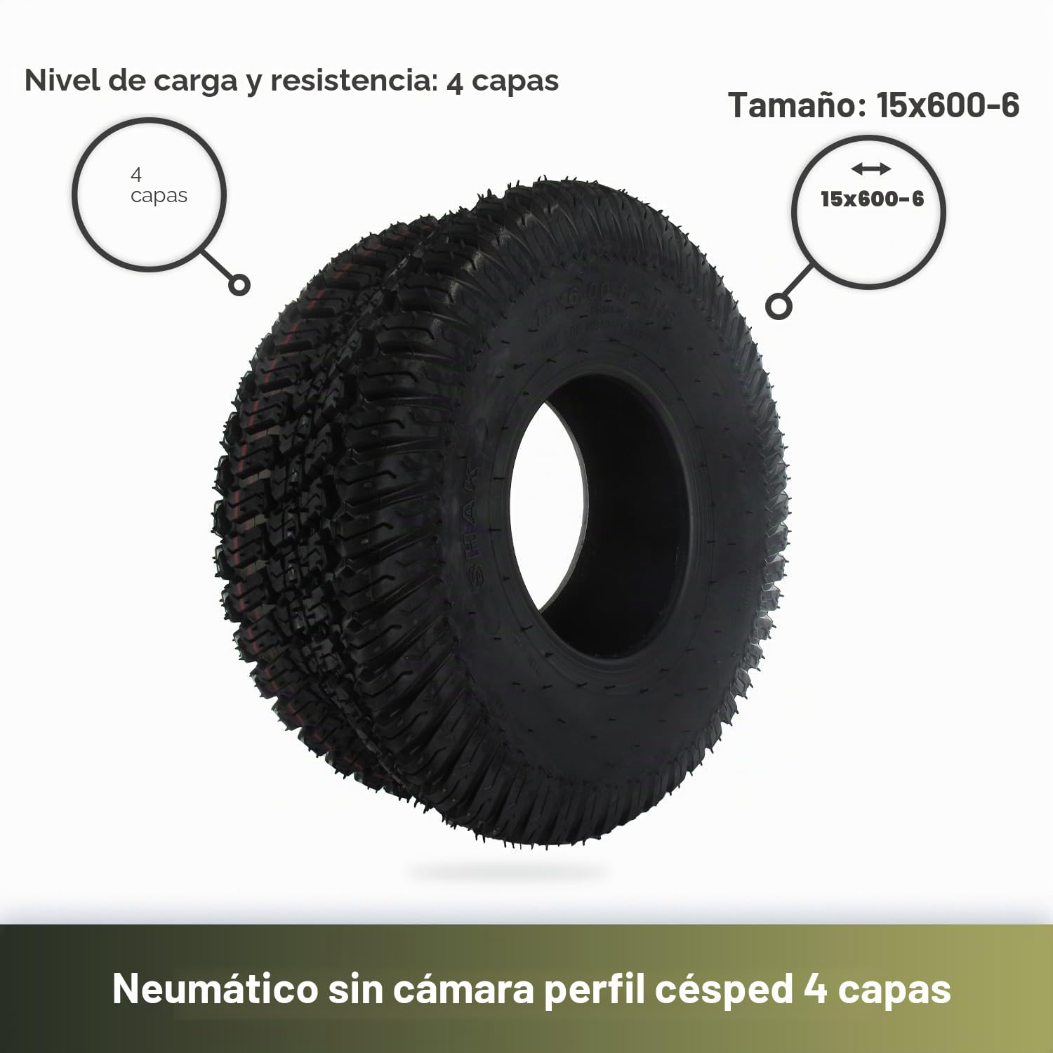 GREENSTAR - Neumático Tubeless 4 pliegues, perfil de césped, 15 x 600-6, duradero