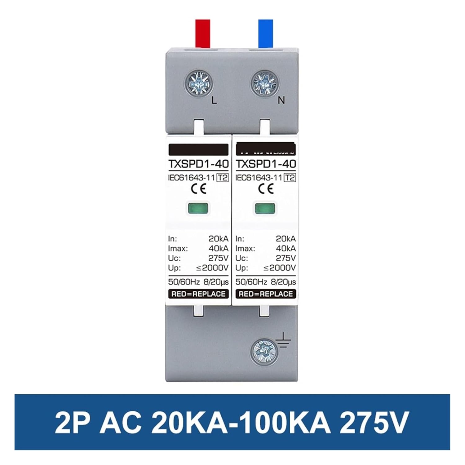 1PCS Protector photovoltaic DC System Lightning Arrester 2P DC500V DC1000V AC220V 20KA~40KA Lightning Protection (Color : AC275V, Size : 2P 20-40KA)