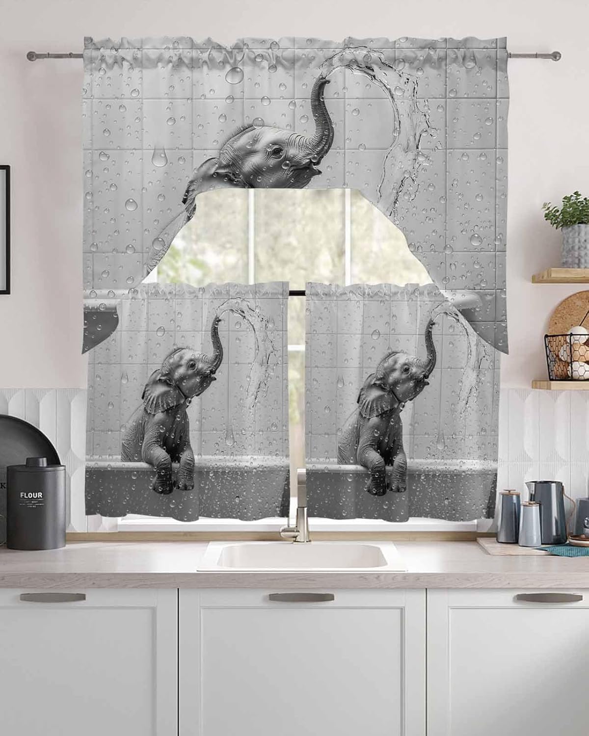 Grey Elephant Kitchen Curtains Sets for Windows 3 Piece, Modern Art Bathtub Kitchen Curtains and Valances Tier Set 24 Inch Length Swag Curtain for Living Room Cafe Bathroom Bedroom