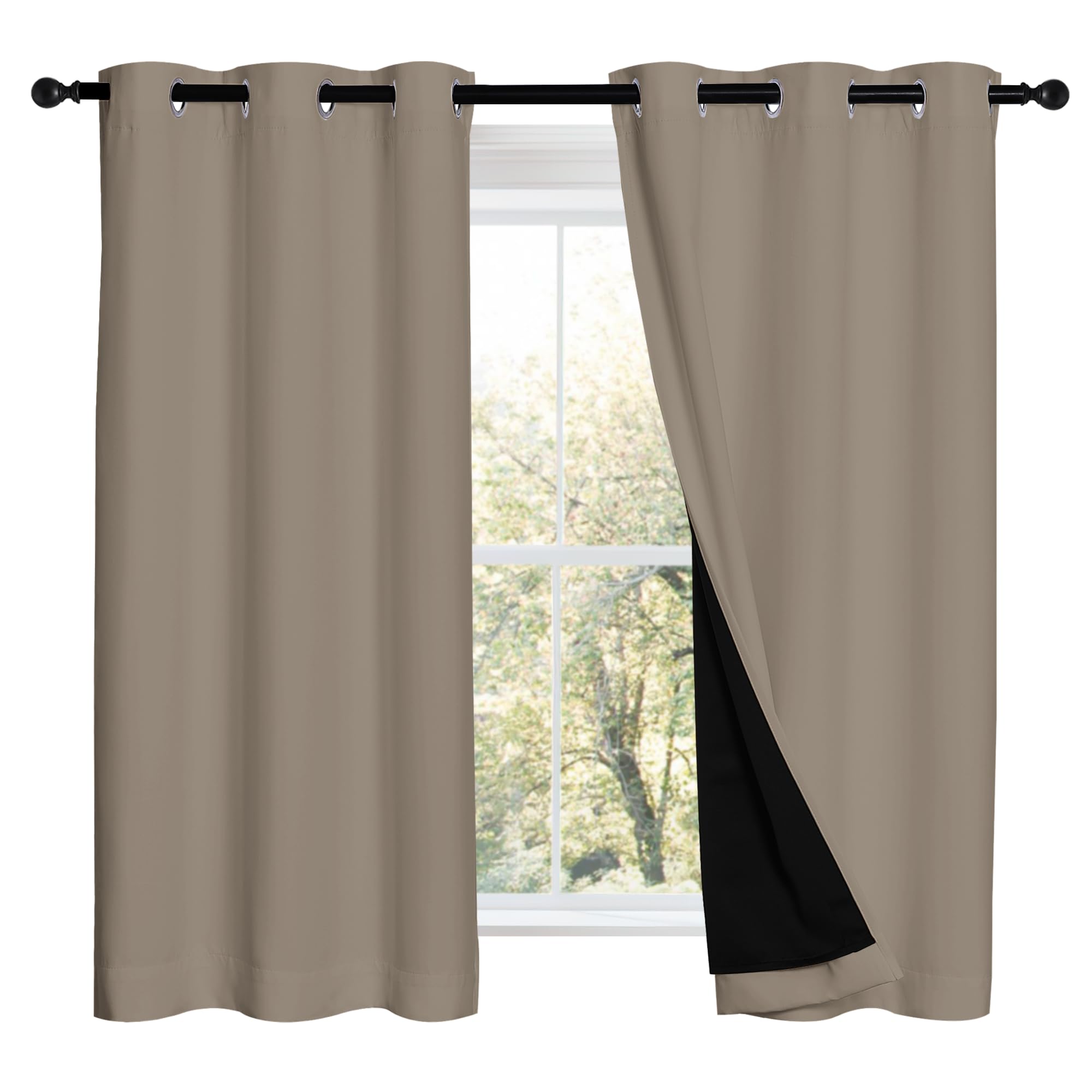 NICETOWN 100% Blackout Short Curtains with Black Liners, 2 Panels, 37" W by 50" L, Taupe, Solid Thermal Insulated Full Blackout 2-Layer Lined Drapes, Energy Efficiency Window Draperies for Bedroom