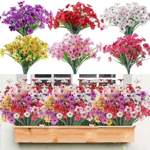 18 Bundles 6 Color Outdoor Artificial Flowers UV Resistant Fake Plastic Faux Silk Flowers for Hanging Planter Garden Window Home Decor