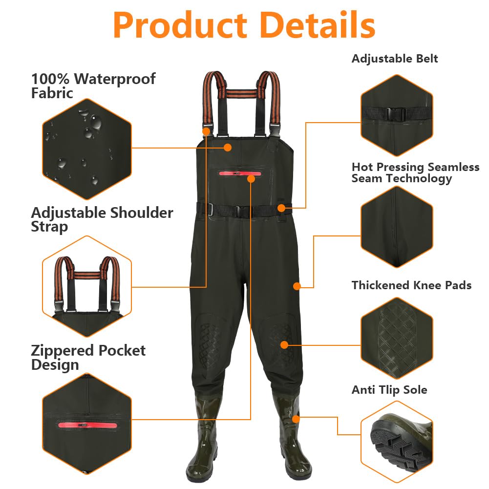 AUYAO Wodery na klatkę piersiową z butami unisex wodery wędkarskie wodoodporne bojownica do uda z regulowanymi szelkami spodnie na klatkę piersiową kombinezony z butami zestaw lekkie spodnie garnitur