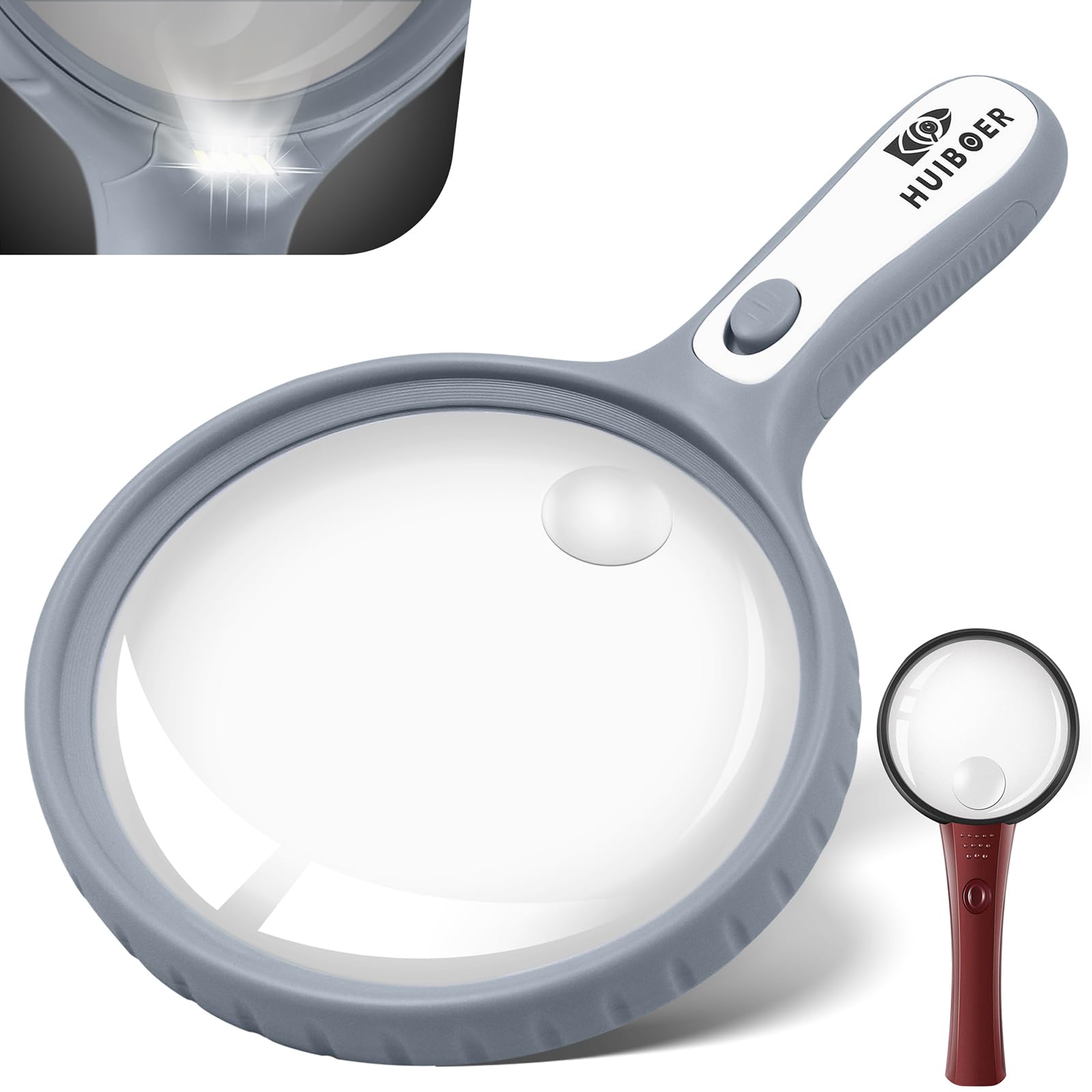 5.3 Inch Large Magnifying Glass with Light, 2 PCS, 3X 10X 20X Handheld Magnifier with 4 LED Lights for Seniors & Kids Reading, Hobbies, and Coin, Jewelry Exploration (Grey)