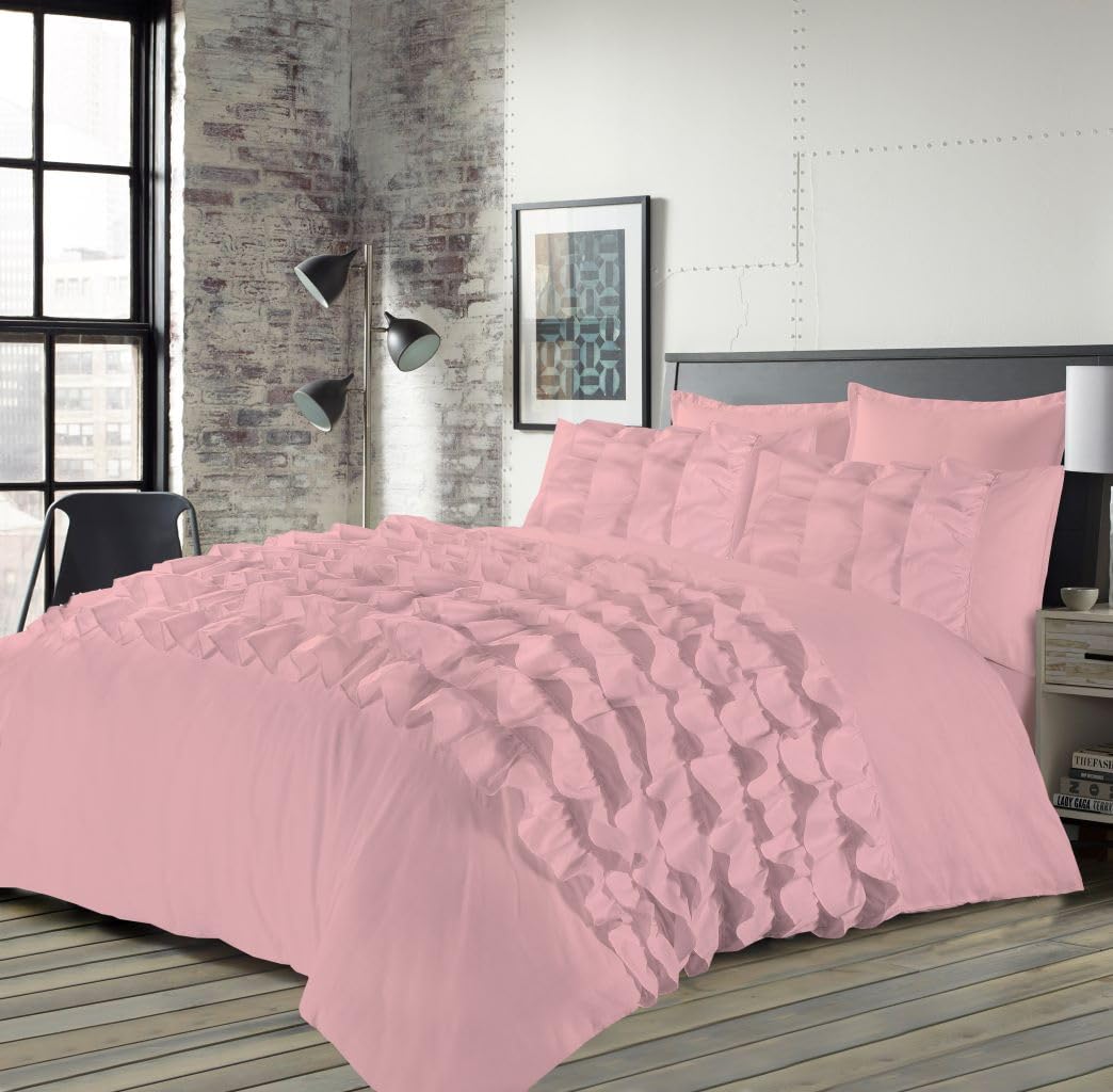 clicktostyle Percilla Soft Frilled Duvet Cover Set with Pillow Cases Lightweight All Seasons Bedding Set (Pink, Super King)
