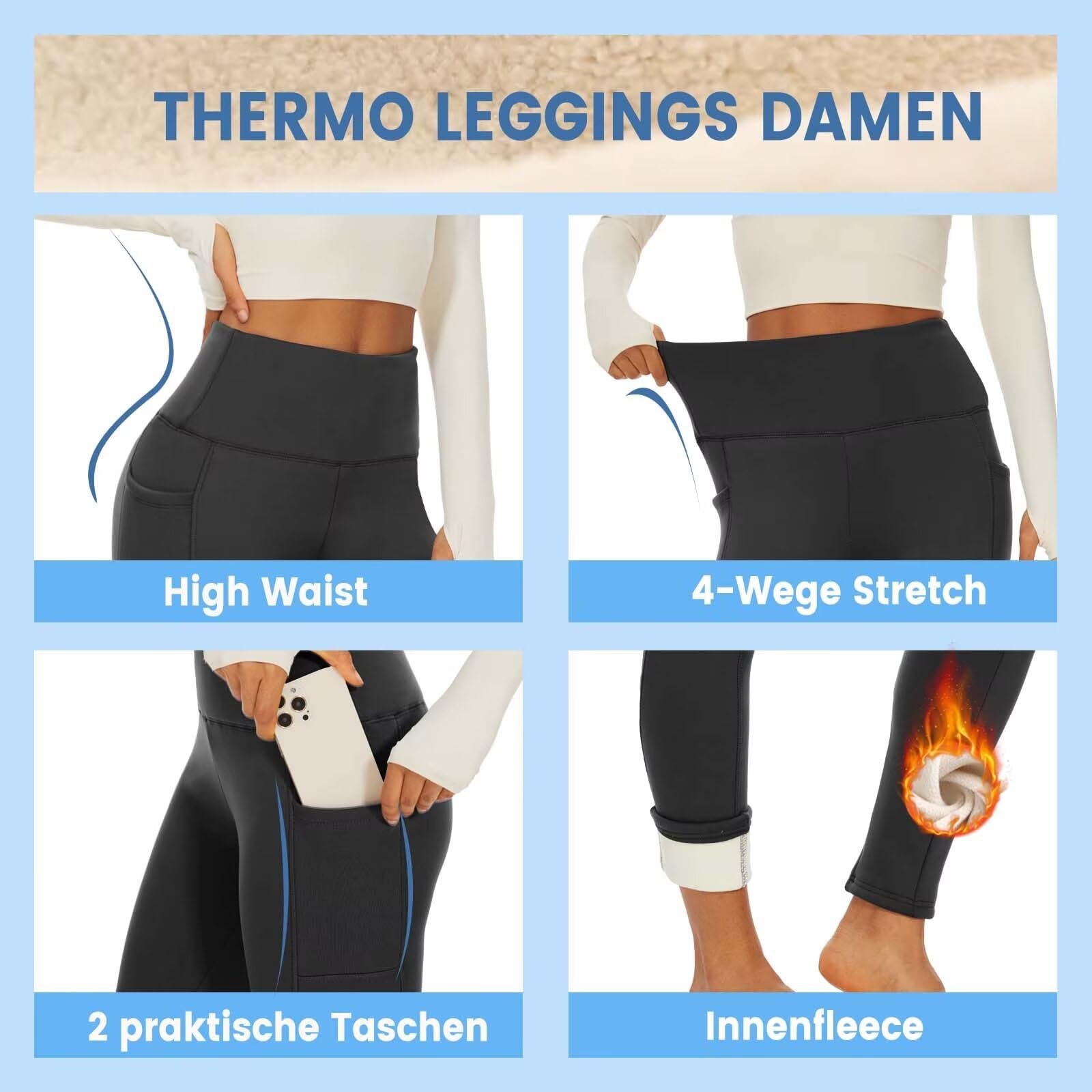 TNNZEET Damskie legginsy termiczne z kieszeniami, z podszewką, z wysokim stanem, polarowe, ciepłe, nieprzejrzyste legginsy na zimę