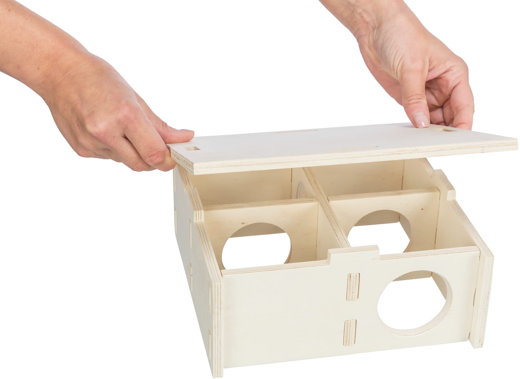 TRIXIE Domek dla małych zwierząt, bez klamer i gwoździ, dla dużych chomików i degustacji, z czterema komorami, 4 komorami, 30 × 12 × 30 cm – 61235