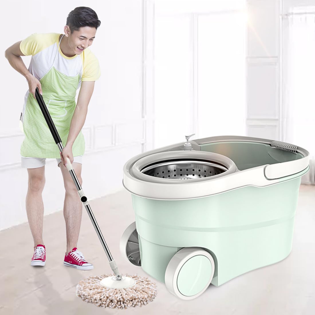 Juego De Cubo Y Fregona Giratoria, Juego De Manijas para Fregona con 5 Cabezales De Microfibra Súper Absorbentes 360° Sistema Barra Telescópica De Acero Inoxidable para Limpieza del Hogar