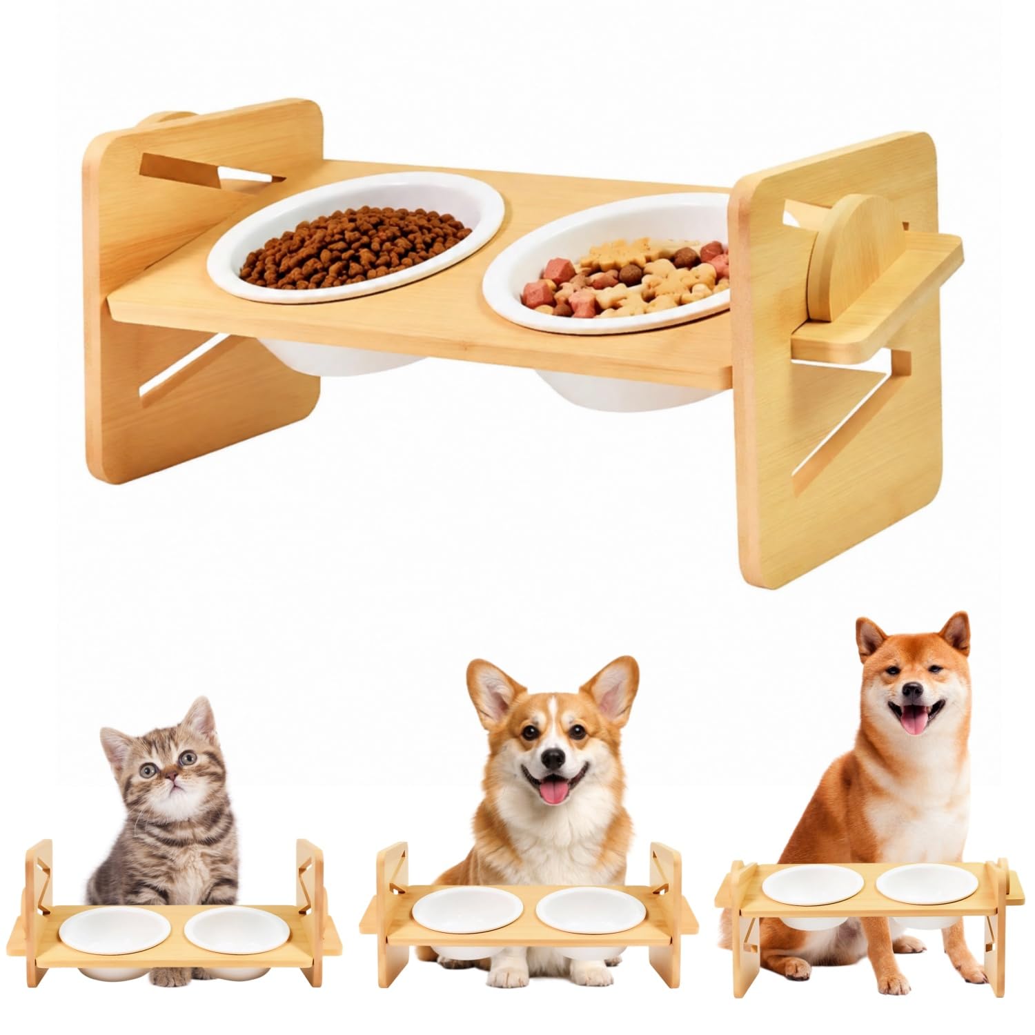 Xygobla Raised Dog Bowls with Stand – 4-Level Adjustable Raised Elevated Dog Bowls Bamboo Dog Feeding Station Foldable with 2 Ceramic Bowl, Bamboo Dog Bowl Stand for Small Dogs & Cats 16cm High