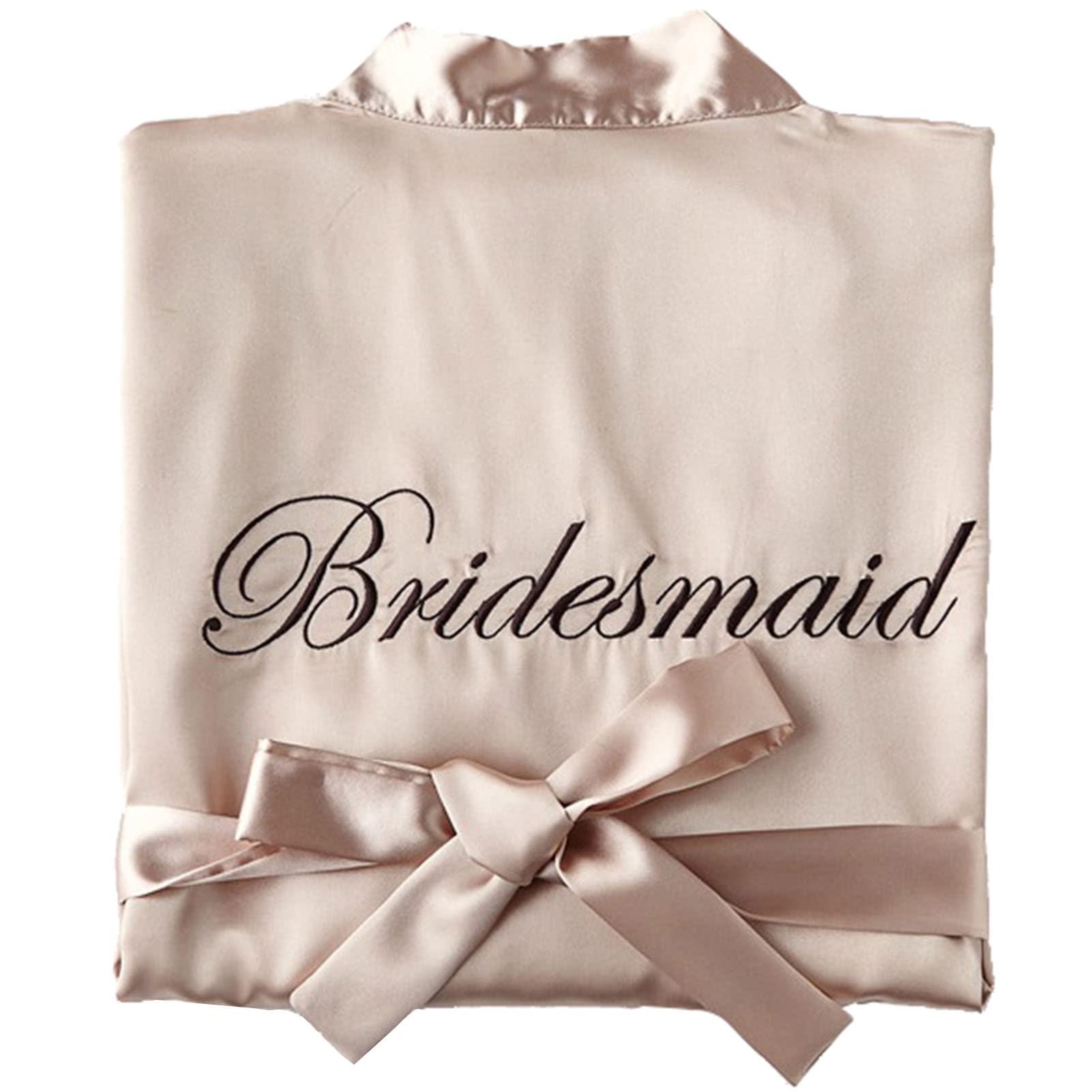 Simiduneur Women's Bridesmaid Champagne Bride Kimono Robe - Satin Bridesmaid Party Robe With Embroidery Writing - Bridal Morning Champagne, M