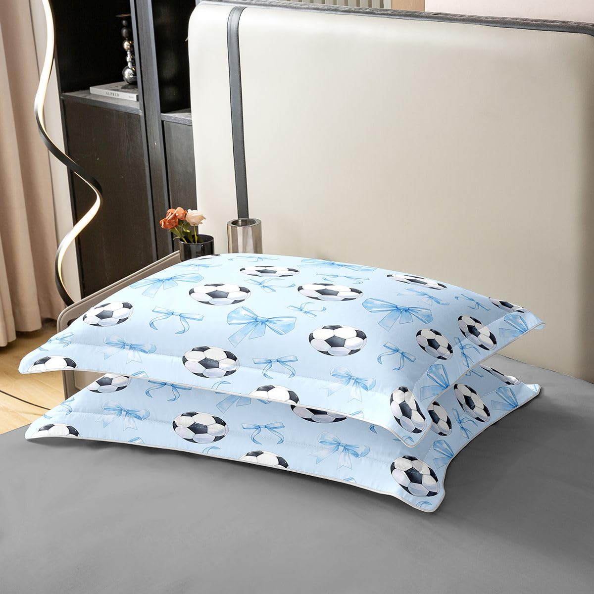 Homewish Gra w piłkę nożną pojedyncza poszewka na kołdrę z 1 poszewką na poduszkę - bawełna miłośnik piłki sportowej zestaw pościeli niebieska wstążka kokardka poszewka na kołdrę zestawy łóżek