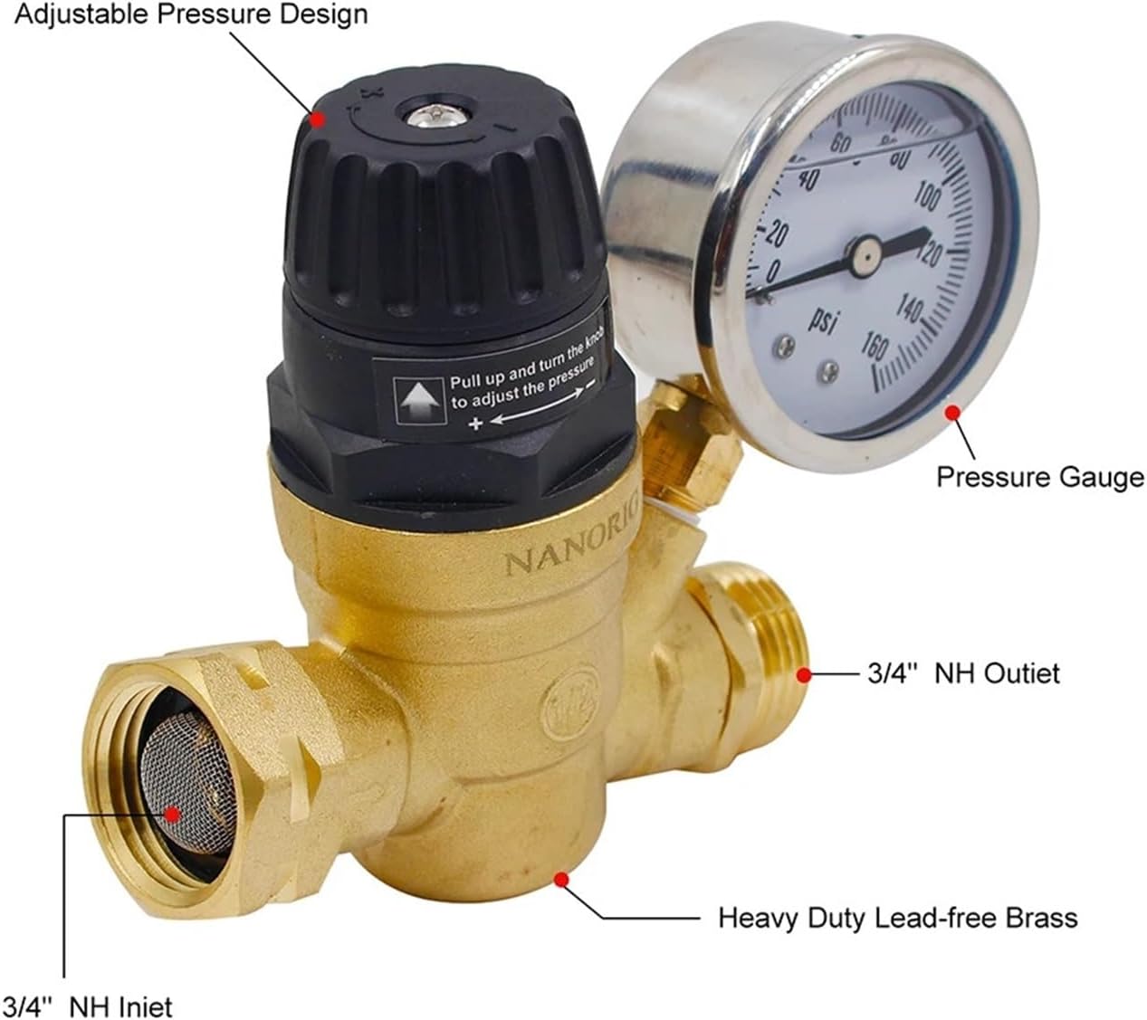 3/4 Inch Pressure Reducing Valve Brass RV Pressure Reducer Valve Compact Adjustable