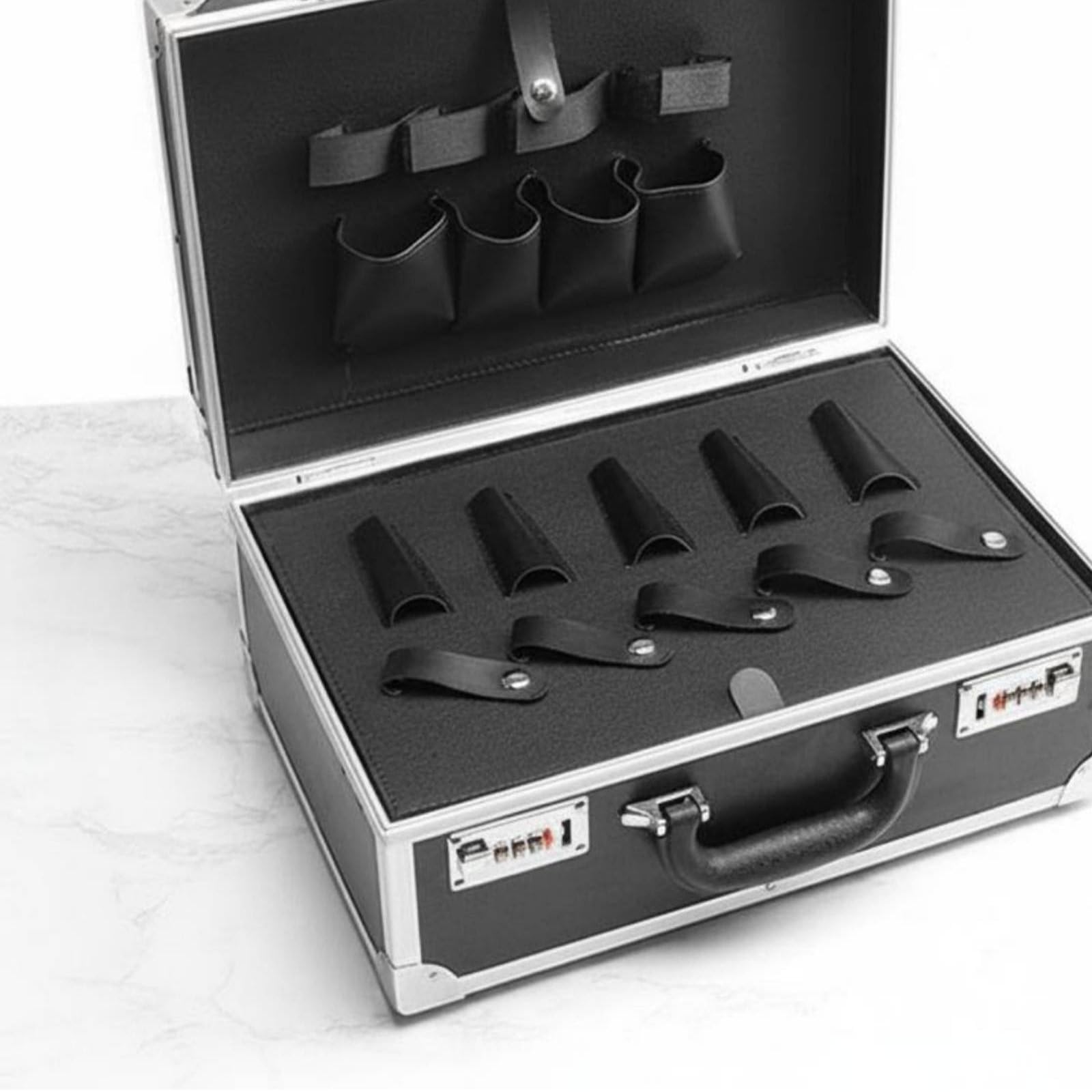 Large Capacity Aluminum Hairstyling Tool Case Waterproof Clipper and Scissor Carrying Case Double Layer Design Hairstylist Lock Box for Hairstylists, Barbers, Travel, Black Silver, S-image-44
