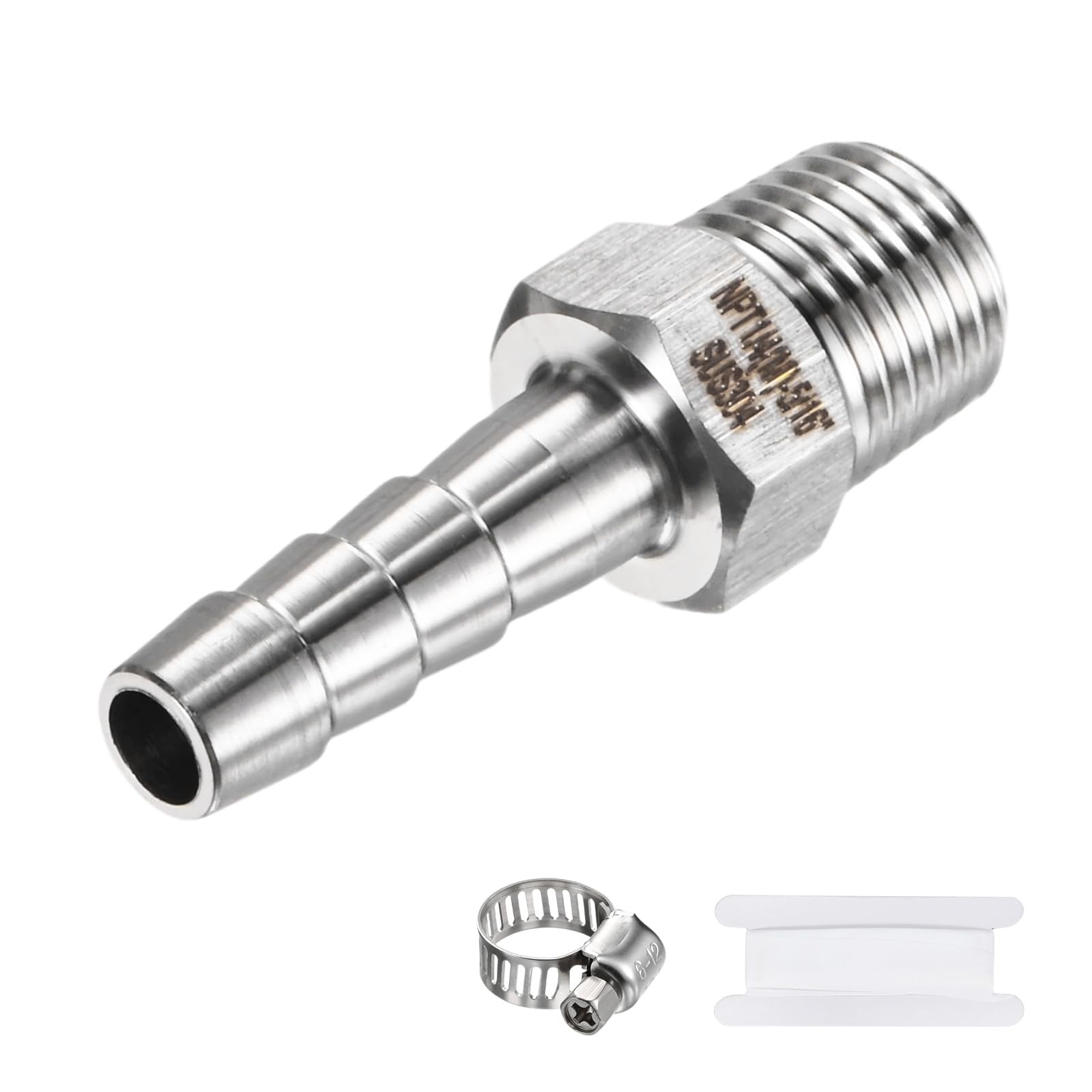 M METERXITY 1-Pack Garden Hose Adapter, 304 Stainless Steel 5/16" Barb x 1/4" NPT Male Threaded Connector with Sealing Tape & Clamp Garden Hose Convert Fitting for Pipe