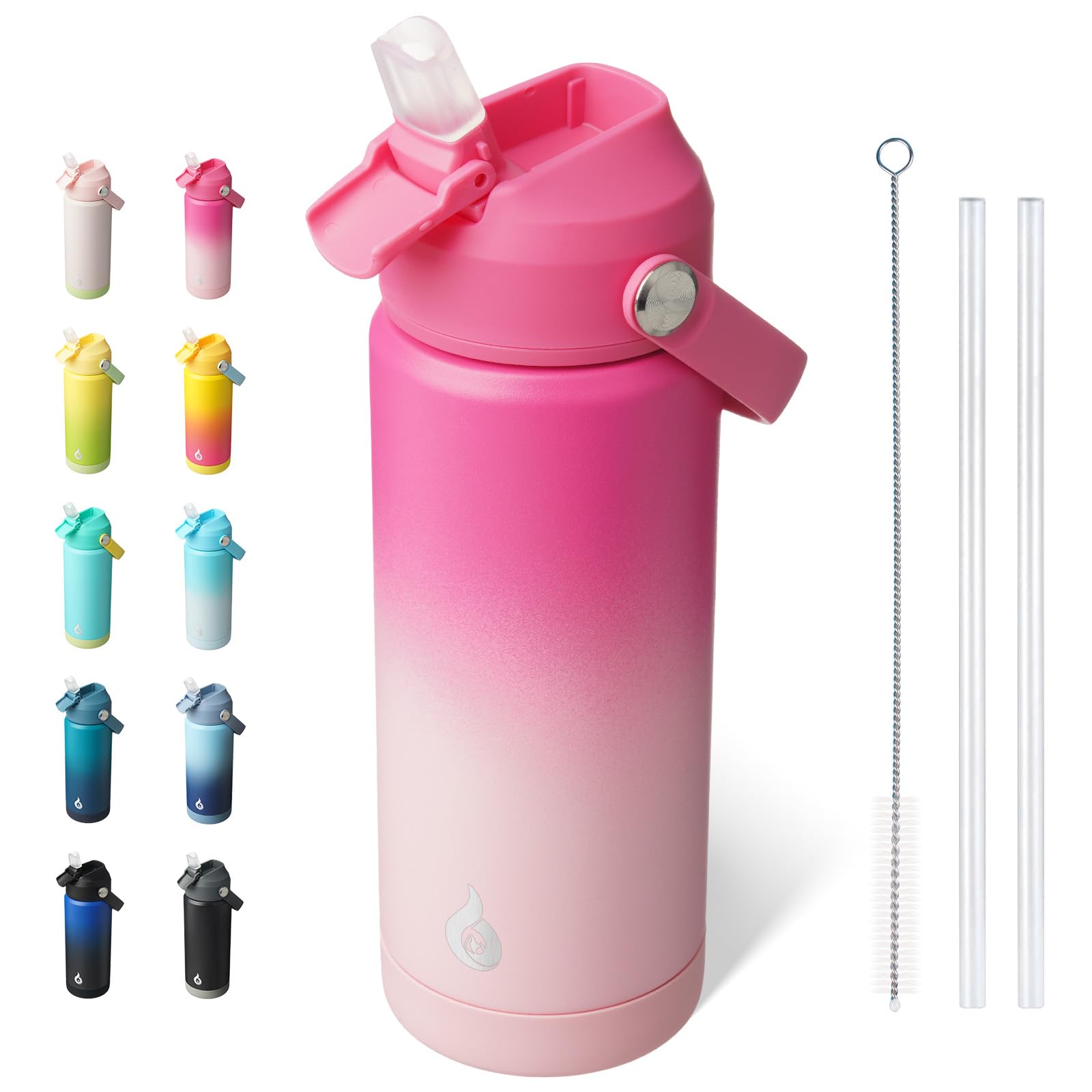 BJPKPK Insulated Water Bottle with Straw Lid, 18oz Thermos Water Bottles with Soft Nozzle, Flex Handle & Non-slip Boot, BPA Free Leak Proof Stainless Steel Metal Thermos, Tumblers, Cups,Cherry