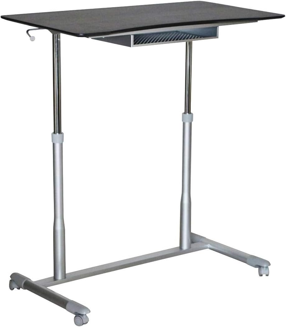 Contemporary Height Adjustable Sit Stand Desk with Pneumatic Mechanism, Ergonomic Curved Desktop, Locking Castors for Easy Mobility, Wire Storage Tray for Office, 37.5 x 20.5 in. Top, Espresso