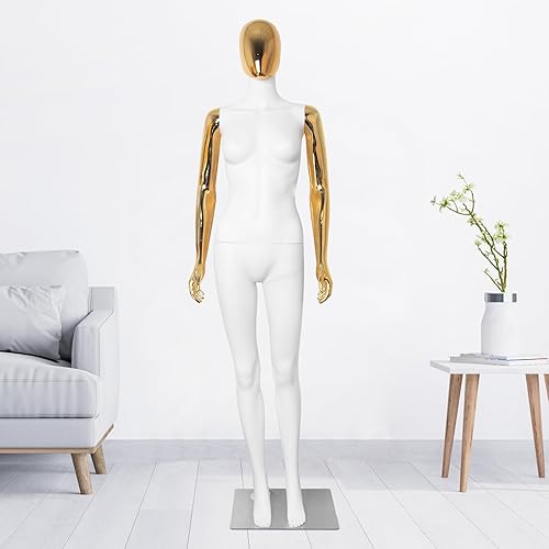 Maniquí femenino de cuerpo completo, cuerpo blanco, cabeza dorada, manecillas doradas, maniquí de costura de 70 pulgadas, maniquí articulable con